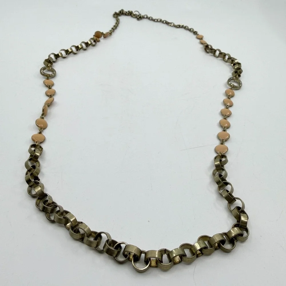 Antique Gold Tone Peach Enamel Rhinestone Long Chain Necklace Boho Statement
